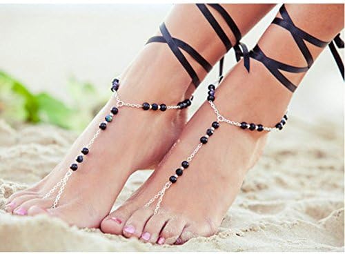Satin Ankle Tie Foot Chain Brarefoot Sandals Lace up Heels Dress Women Gift (Black)