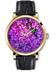 SPRAWL Aanalog Fashion Series Gold Ladies Watches of Genuine Black Leather Strap,Unique Wrist Watch for Women Girls Designed with Filled with purple flowers