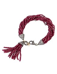 18kt Gold Diamond Pave Ruby Beads Tassel Bracelet Silver Womens Jewelry