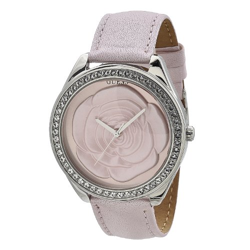 GUESS Women's W85075L2 Round Stainless Steel Case, Pink Leather Band, Pink Rose Dial, Crystal Bezel Accents Watch