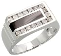 14k White Gold Grooved Rectangular Men's Diamond Ring, w/ Black Onyx Stone & 0.62 Carat Brilliant Cut Diamonds, 7/16" (10mm) wide