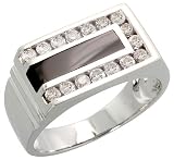 14k White Gold Grooved Rectangular Men's Diamond Ring, w/ Black Onyx Stone & 0.62 Carat Brilliant Cut Diamonds, 7/16 (10mm) wide