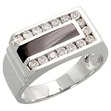 14k White Gold Grooved Rectangular Mens Diamond Ring, w  Black Onyx Stone and 0.62 Carat Brilliant...