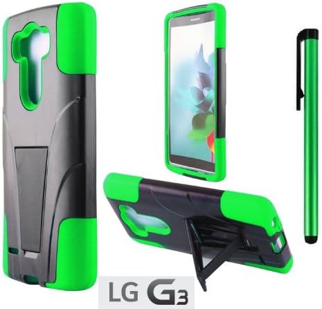 LG G3 Premium T-Stand / Side-Stand Hybrid Holster Design Protector Hard Cover Case (For 2014 LG New Flagship Android Phone) + 1 of New Assorted Color Metal Stylus Touch Screen Pen (GREEN / BLACK)