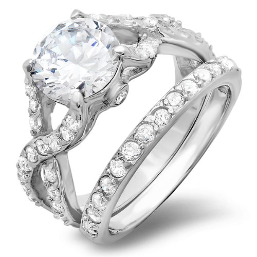 3.00 CT Split Shank Sterling Silver Ladies Round Cut Cubic Zirconia CZ Wedding Bridal Engagement Ring with Matching Band Set (Available in size 6, 7, 8)