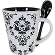 Set of 4 Black and White Toile Coffee or Tea Mugs with Spoons, Ceramic