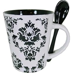 Set of 4 Black and White Toile Coffee or Tea Mugs with Spoons, Ceramic