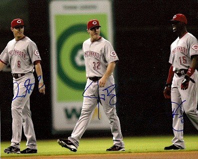 Autographed/Hand Signed 8x10 Photo Drew Stubbs, Jay Bruce & Fred Lewis Cincinnati Reds