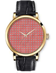 SPRAWL Aanalog Fashion Series Gold Ladies Watches of Genuine Black Leather Strap,Unique Wrist Watch for Women Girls Designed with Blue and red stripes
