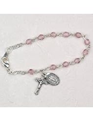 Sterling Silver 5 1/2" L Purple Amethyst Baby Bracelet, Infant Jewlery, Girls Rosary Bracelet, February Birthstone with Crucifix Cross & Miraculous (St. Mary) Charms
