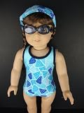 Blue One Piece Swim Suit with Swim Hat, Towel and Goggles Designed for 18 Inch Doll Like the American Girl Dolls