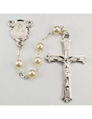 6MM Pearl Rosary with Rhodium Crucifix and Center, Deluxe Gift Boxed