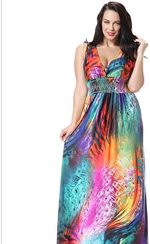 Women's Boho V Neck Sleeveless High Waisted Maxi Dress Plus Size (2XPlus)
