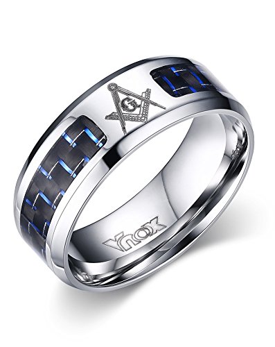 8mm Stainless Steel Blue Carbon Fiber Inlay Masonic Freemason Symbol Wedding Ring Bands