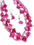 Fuchsia Shell Chunk Necklace With Matching Earrings Fashion Jewelry
