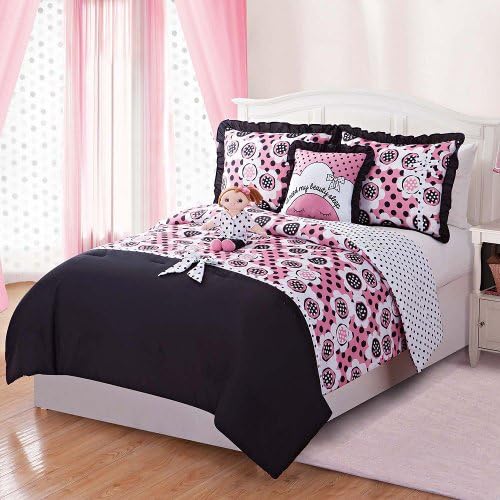 Girls black, pink, white polka dot reversible doll comforter set (Full)