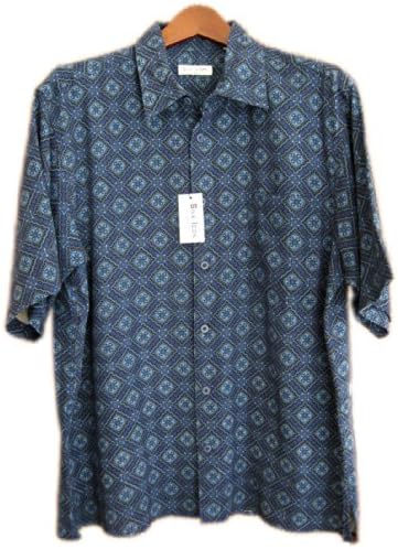 Mens 100% Silk Button Down Camp Shirt Navy Short Sleeved (Large)