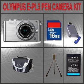 Olympus PEN E-PL3 Digital Camera (Silver) W/14-42mm Lens + Huge Accessories Package Including 16GB SDHC Memory Card + High Capacity PS-BLS-1 Replacement Lithium-Ion Battery + Hi-Speed SD Card Reader + Carrying Case + Table Top Tripod Kit