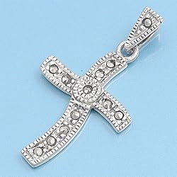 Sterling Silver and Marcasite Pendant - Curved Cross - 30mm Height