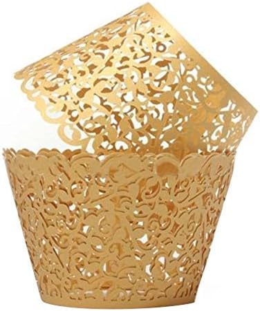 LISTYLE 50pcs Flower Filigree Lace Cupcake Wrapper Wraps Liner Wedding Party Cake Decoration Cupcake Muffin Paper Holders (Gold)