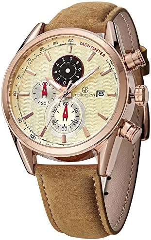 GE Collection Men's Running Watches Brown Leather Strap Rose Gold Chronograph With Date