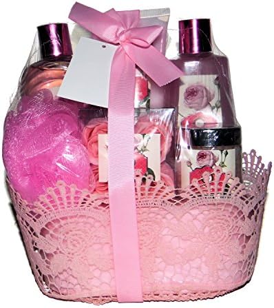 Vintage Rose Scent Premium Bath Spa Gift Set - Shower Gel, Bubble Bath, Body Lotion, Bath Salt, Rose Shaped Flower Soap & Bath Puff in a Pink Lace Gift Basket