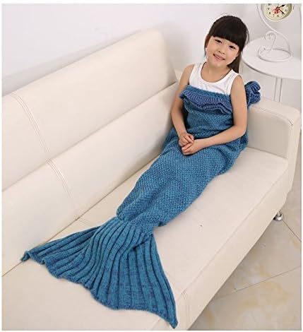 Juissie Girls Crochet Mermaid Tail Blanket Knitting Sleeping Bag Handcraft for Kids, All Seasons Sleeping Bag Blanket , 140cmX70cm(55.1"x27.6") (Lake Blue)