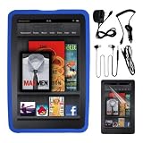 Premium LCD Clear Screen Protector + Blue Silicone Cover Case + Black Rapid Wall Charger + Black Rapid Car Charger + Black Earphone With MIC + Black 3.5mm to 3.5mm male cable for Amazon Kindle Fire By Skque