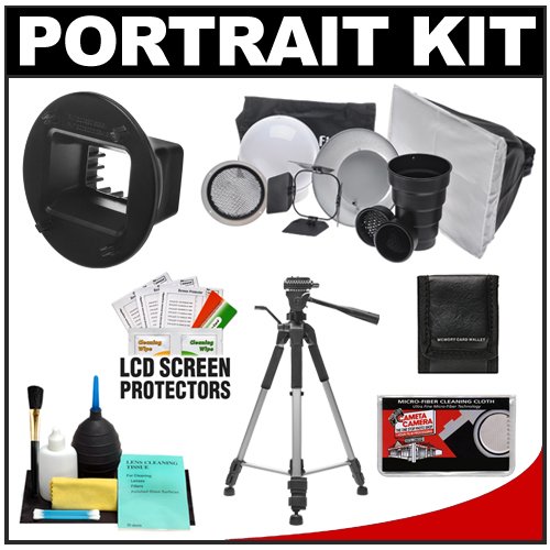 Interfit Strobies STR100 Portrait Kit with Beauty Dish Reflector, Globe Diffuser, Softbox, Barn Door, Snoot, Honeycomb Grid and SGM100 Flex Mount for Nikon Speedlight SB-600 / SB-800  &  Olympus FL-36R Flash Units + Tripod + Accessory Kit