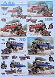 A4 3D Le Suh step by step decoupage sheet for card craft - red and blue steam locomotive engines, trains