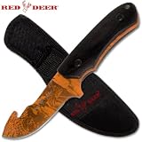 Red Deer Hunting Knife with Gut Hook and Nylon Sheath - 8.25 Inches Overall Length - Wooden Handle - Full Tang - High Carbon Steel Blade - Orange Camo