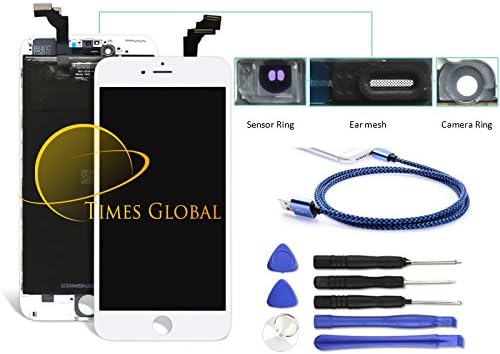 iPhone 6 Plus (5.5 inches) WHITE LCD Display Touch Screen Digitizer Replacement include (Sensor Ring, Ear Mesh and Camera Ring) + Free Tool kit and USB Cable