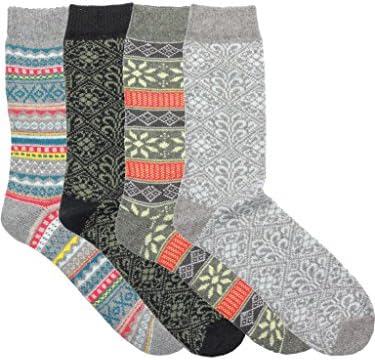 Woolly Mammoth Warm Winter Jacquard Wool Crew Socks, European Made - 4 PACK #3 Floral Fair Isle Nordic - Shoe size: 41-45 EU/8-12 US Men