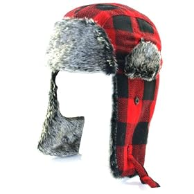 Red Buffalo Plaid Wool Faux Fur Trooper Trapper Pilot Aviator Hat for Men and Women Medium Large FREE SHIPPING