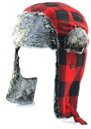 Red Buffalo Plaid Wool Faux Fur Trooper Trapper Pilot Aviator Hat for Men and Women Medium Large FREE SHIPPING