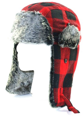 Red Buffalo Plaid Wool Faux Fur Trooper Trapper Pilot Aviator Hat for Men and Women Medium Large FREE SHIPPING