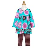 Rare Editions Girls Turquoise Flower Long Sleeved Flower Outfit 4-6X