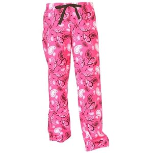 Hot Bright Pink Paisley Graffiti Fun Print Novelty tie cord flannel cotton pants for lounging, sleep, sports. Unisex relaxed fit,