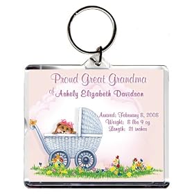 Proud Great Grandma Too Cute Birth Announcement Photo Key Chain, Personalized, 2.75" x 3.25" Carriage (Girl)