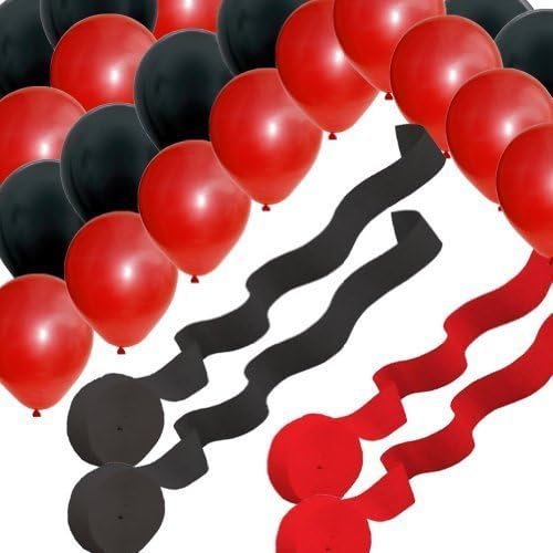 2 Red 2 Black Rolls Streamers and 24 Balloons Decorating Kit by Da Vinchy collection