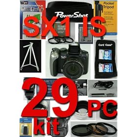 NEW Canon PowerShot SX1 IS SX1IS 29 PIECE PRO KIT with USB cable , video cable , software , battery , Owners manual , Strap, 5 Years Extended Warranty ,3 Piece Lens Cleaning Kit , ,Card case Holds 3 cards , Table top Tripod , ultra compact with flexible wire leg , LCD protector ,Soft case ,High Speed card Reader, 8G SD High Speed Memory Card , Canon Strap ,Full Size Tripod ,Deluxe Camera Bag , External Flash ,Set Of 3 high resolution filters, Lens / Filter Tube Adapter, 2X High Resolution Telephoto lens, 0.5X High Resolution Wide Angle Lens, Macro lens Kit, Neoprene Wrist Strap, POP -UP Flash Diffuser, Canon Wireless Remote Control, Canon Genuine Lens Hood, Spider Flexible 7