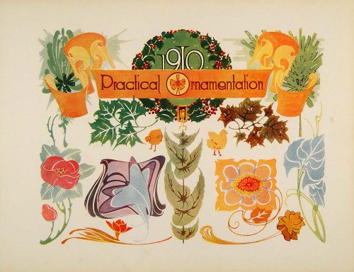 1910 Print Art Nouveau Decorative Design Flowers Leaves - Original Print