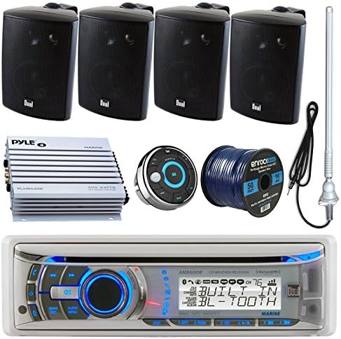 Dual AMB600W Marine Bluetooth CD/MP3 Stereo Receiver Bundle Combo W/ Waterproof Wired Remote Control + 4x LU43PB Stereo Box Speakers + 400 Watt Amplifier + 45" Radio Antenna + 50 Ft 16g Speaker Wire
