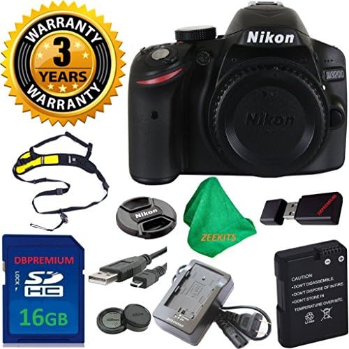 Nikon D3200 24.2 MP CMOS Digital SLR Body, Original Nikon Battery and Charger, 3 Year USA CPS Warranty, 16GB ZEEKITS Memory Card, Card Reader