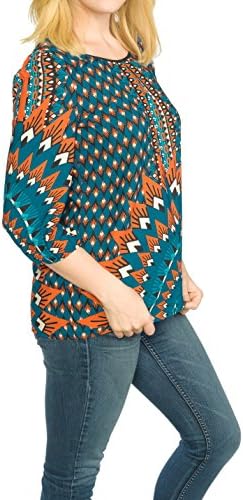 GEO BORDER PRINT BLOUSE, OPEN BACK 3/4 SLEEVE WOVEN TOP Y3R206 Medium TEAL RUST