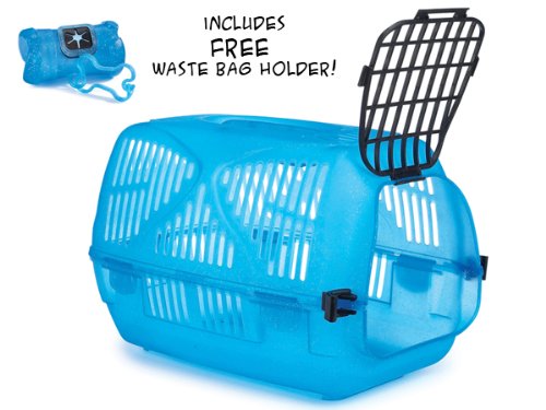 ProSelect Blue Sparkle Hard Sided Dog Cat Pet Carrier Crate with FREE Waste Bag Carrier Blue
