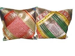 2 Floral Brocade Cushion Cover Red Yellow Vintage Silk Sari Pillow Case 16"