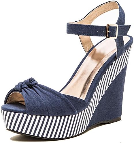 Fast Fashion Shoes Women's Striped Canvanas Wedge Heel Sandals (10 B(M) US, Navy)