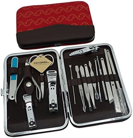 Okbool 16pcs Stainless Steel Manicure Pedicure Set ,Travel & Grooming Set, Personal Care Tools, Nail Scissors Nail Clippers Kit with Leather Case