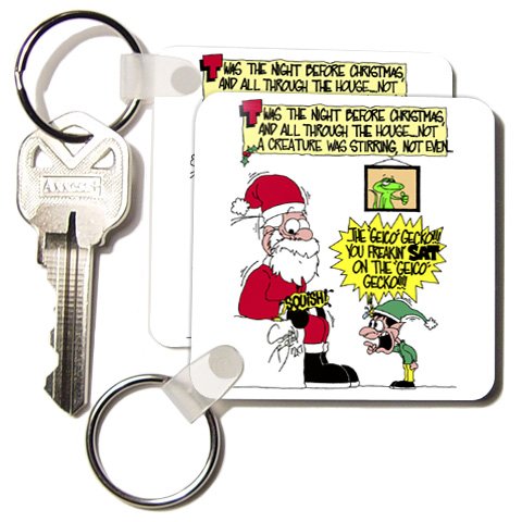 Sean Boley Cartoon about Santa Sitting on a Gecko at Christmas - Set Of 2 Key Chains